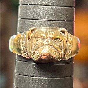 Vintage Bulldog Dog Face with Diamond Eyes Gold Vermeil Sterling Silver Ring